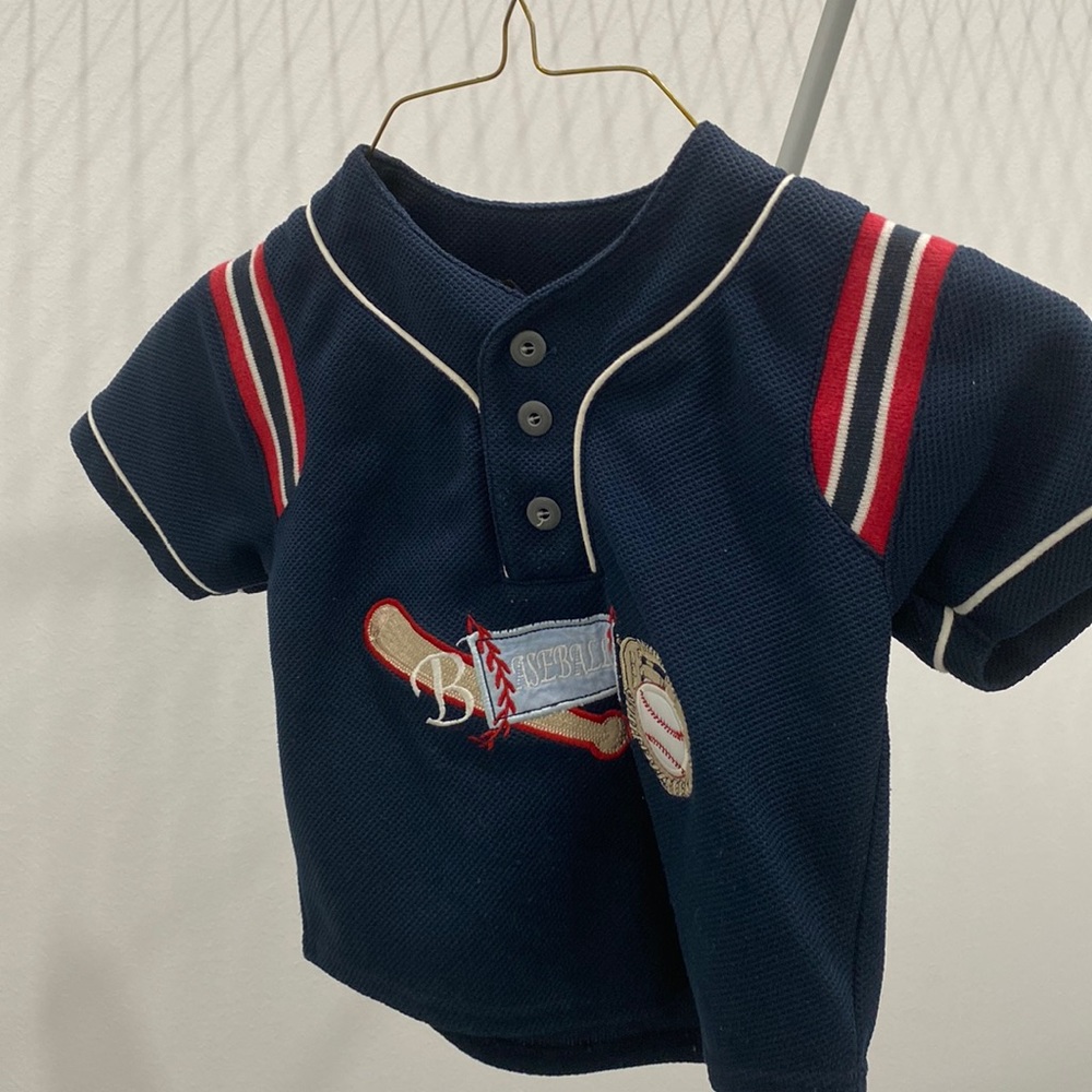 Navy/red/white baseball jersey. Kids Headquarters appliqué 3 button neckline